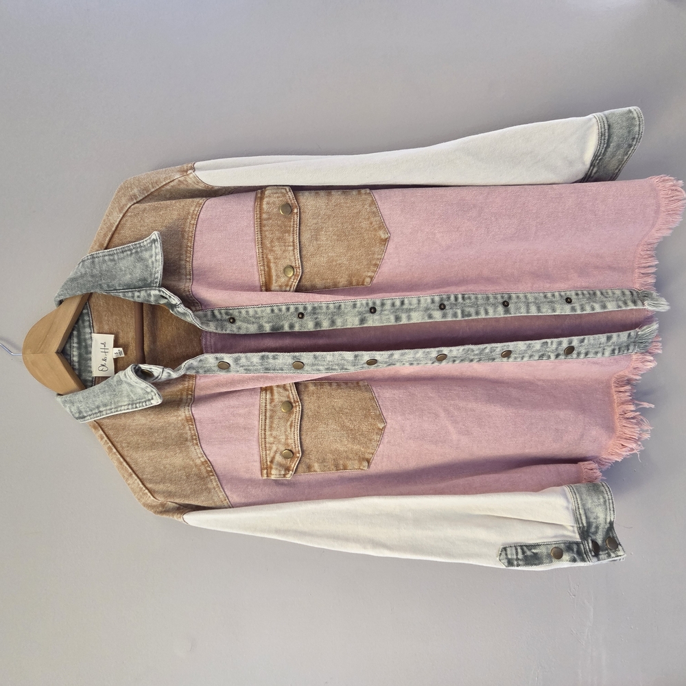Pink and Brown Color-Blocked Jean Jacket Lightweight Casual
